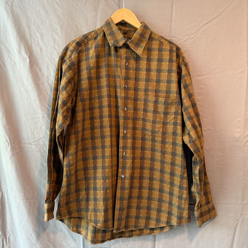Gillio Button Down Shirt Mens L Large Earth Tone Plaid Textured Vintage Look